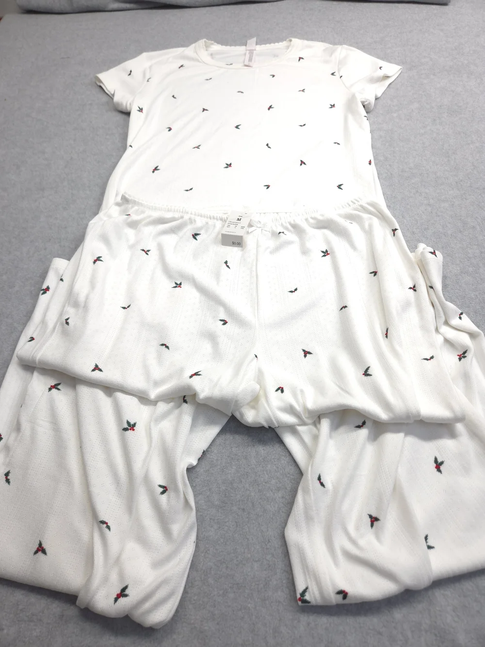 0379 Auden White Short-Sleeve Pajama Set with Tiny Red & Green Floral Motif
